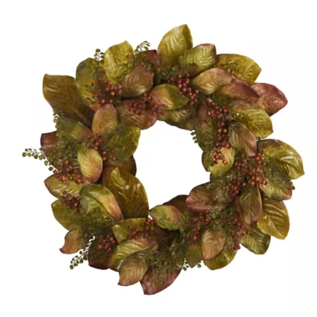 Nearly Natural 30" Artificial Fall Magnolia Leaves and Berries Wreath Artificial Plants & Flowers