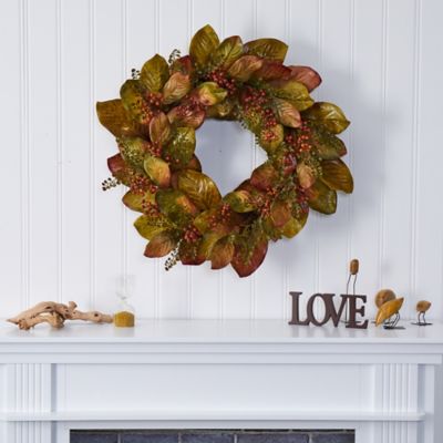 Image showing 2 th Nearly Natural 30 in. Artificial Fall Magnolia Leaf and Berries Wreath