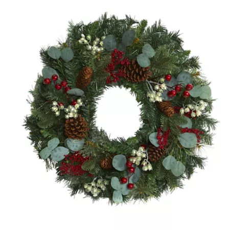 Nearly Natural 24 in Artificial Eucalyptus and Pine Wreath with Berries and Pine Cones Artificial Christmas Wreaths