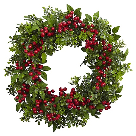 Nearly Natural 24 in. Berry Boxwood Artificial Wreath
