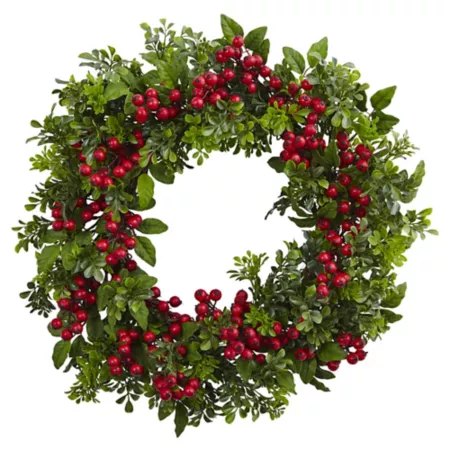 Nearly Natural 24" Artificial Berry Boxwood Wreath Artificial Plants & Flowers