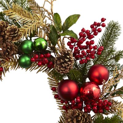 Image showing  24 in. Pine Artificial Holiday Wreath with Ornaments and Pine Cones