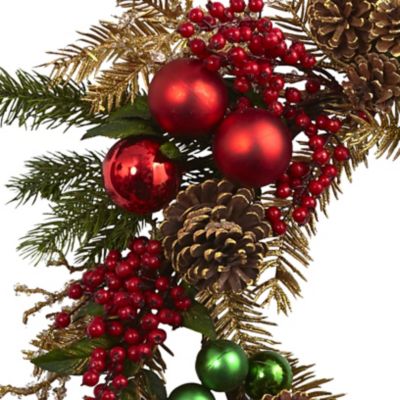 Image showing  24 in. Pine Artificial Holiday Wreath with Ornaments and Pine Cones