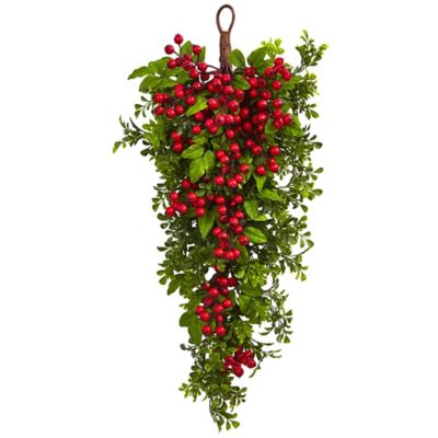 Nearly Natural 26 in. Berry Boxwood Teardrop Wall Decor