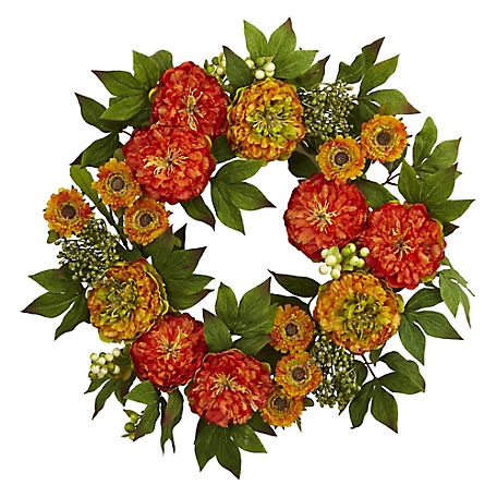 Nearly Natural 24 in. Peony and Mum Artificial Wreath