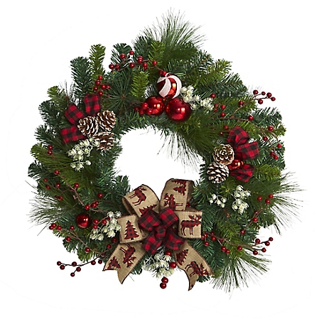 Nearly Natural 24 in. Christmas Pine Artificial Wreath with Pine Cones and Ornaments