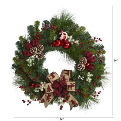Image showing  24 in. Christmas Pine Artificial Wreath with Pine Cones and Ornaments