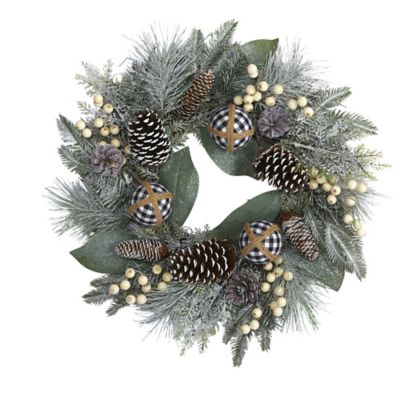 Nearly Natural 24 in. Snow-Tipped Artificial Holiday Wreath with Berries, Pine Cones and Ornaments