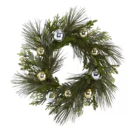 Nearly Natural 26" Artificial Sparkling Pine Wreath with Decorative Ornaments Artificial Christmas Wreaths