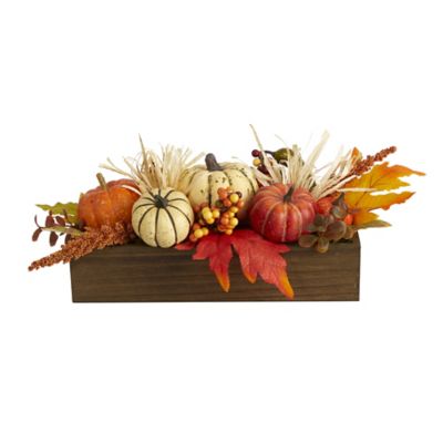 Nearly Natural 16 in. Harvest Pumpkin and Berries Artificial Arrangement in Wood Vase