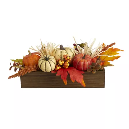 Nearly Natural 16" Artificial Pumpkin and Berry Arrangement in Wooden Vase Artificial Plants & Flowers