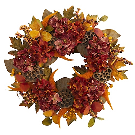 Nearly Natural 24 in. Hydrangea, Lotus and Berries Artificial Fall Wreath