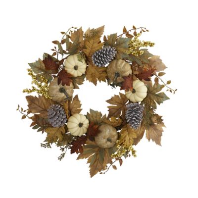 Nearly Natural 24 in. Pumpkins, Pine Cones and Berries Artificial Fall Wreath