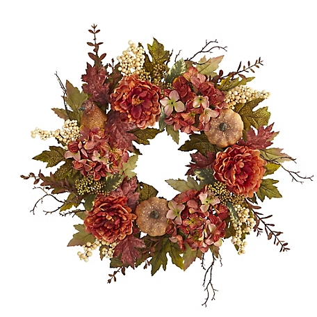 Nearly Natural 24 in. Peony, Hydrangea and Pumpkin Fall Artificial Wreath