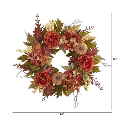 Image showing  24 in. Peony, Hydrangea and Pumpkin Fall Artificial Wreath