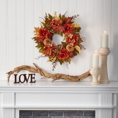 Image showing  24 in. Peony, Hydrangea and Pumpkin Fall Artificial Wreath
