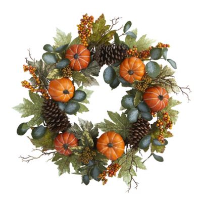 Nearly Natural 24 in. Pumpkins, Pine Cones and Berries Fall Artificial Wreath
