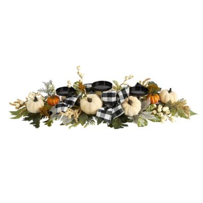 Nearly Natural 32 in. White Pumpkin and Berries Artificial Candelabrum