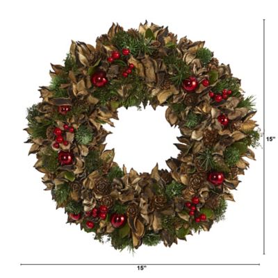 Image showing  15 in. Holiday Artificial Wreath with Pine Cones and Ornaments
