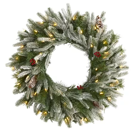 Nearly Natural 24" Snowy Artificial Christmas Wreath with Warm White LED Lights and Pine Cones Artificial Christmas Wreaths