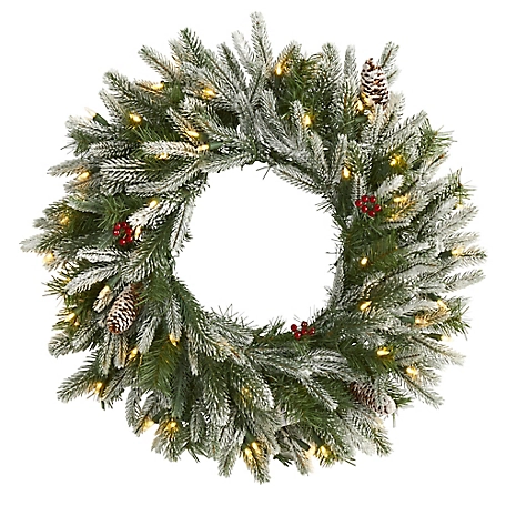 Nearly Natural 24 in. Snowed Artificial Christmas Wreath with Warm White LED Lights and Pine Cones