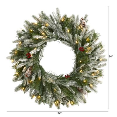 Image showing  24 in. Snowed Artificial Christmas Wreath with Warm White LED Lights and Pine Cones