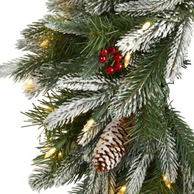 Image showing  24 in. Snowed Artificial Christmas Wreath with Warm White LED Lights and Pine Cones