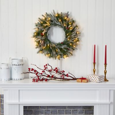Image showing  24 in. Snowed Artificial Christmas Wreath with Warm White LED Lights and Pine Cones