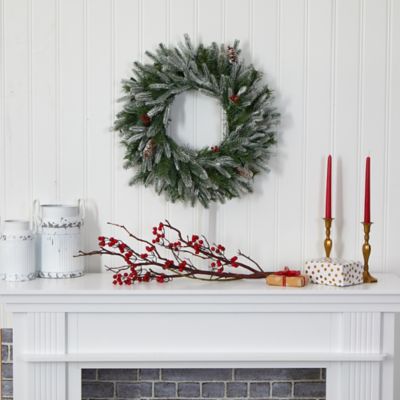 Image showing  24 in. Snowed Artificial Christmas Wreath with Warm White LED Lights and Pine Cones
