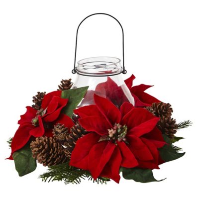 Nearly Natural 8.75 in. Poinsettia Pine and Pine Cone Candelabrum