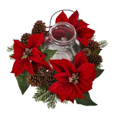 Image showing  8.75 in. Poinsettia Pine and Pine Cone Candelabrum