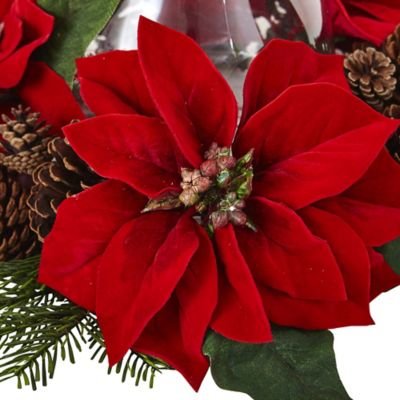 Image showing  8.75 in. Poinsettia Pine and Pine Cone Candelabrum