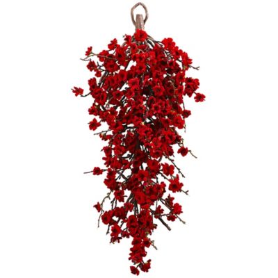 Nearly Natural 28 in. Artificial Plum Blossom Teardrop Floral Hanging