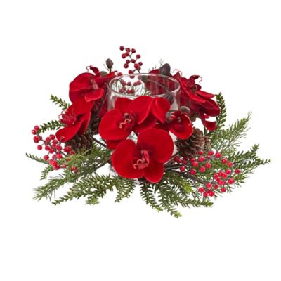 Nearly Natural 6 in. Faux Orchid, Berry and Pine Holiday Candelabrum