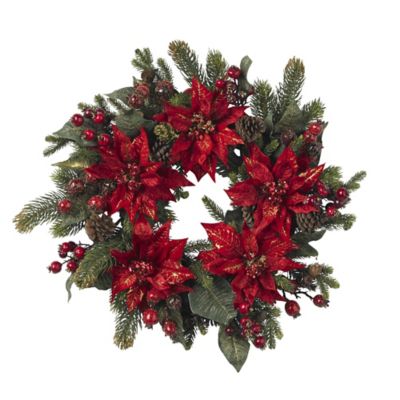Nearly Natural 24 in. Poinsettia and Berry Artificial Wreath