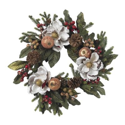 Nearly Natural 24 in. Magnolia Artificial Wreath with Pine Cones and Berries
