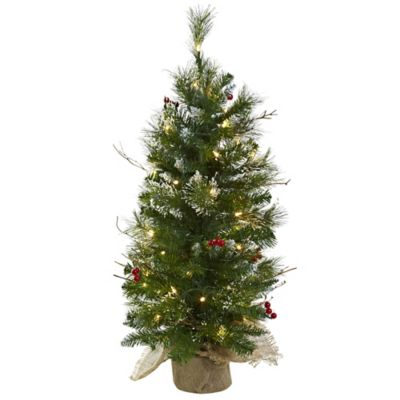 Nearly Natural 3 ft. Pre-Lit Artificial Christmas Tree with Berries in Burlap Bag, Clear Lights