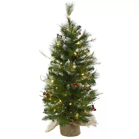 3 Foot Almost Natural Artificial Christmas Tree with Clear Lights Berries and Burlap Sack Artificial Christmas Trees