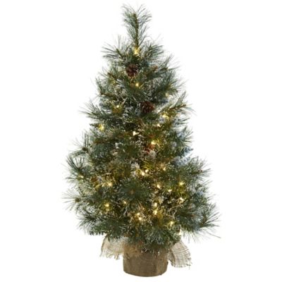 Nearly Natural 3 ft. Pre-Lit Artificial Christmas Tree with Frosted Tips and Pine Cones in Burlap Bag, Clear Lights