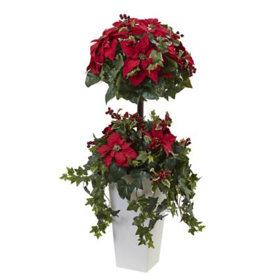 Nearly Natural 4 ft. Faux Poinsettia Berry Topiary in Decorative Planter
