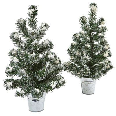 Nearly Natural 18 in. Snowy Faux Mini Pine Trees with Tin Planters, 2-Pack