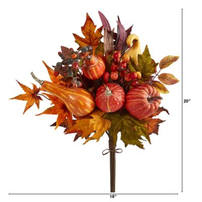 Image showing  20 in. Pumpkin and Maple Leaf Artificial Flower Bouquets, 2-Pack