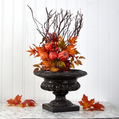 Image showing  20 in. Pumpkin and Maple Leaf Artificial Flower Bouquets, 2-Pack