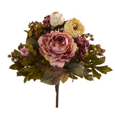 Nearly Natural 17 in. Peony Artificial Flower Bouquets, 2-Pack