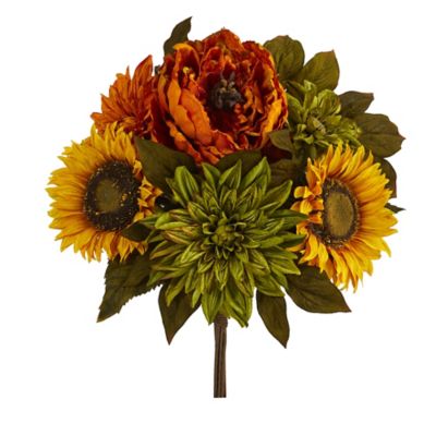 Nearly Natural 16 in. Artificial Peony, Dahlia and Sunflower Flower Bouquets, 2 pc.