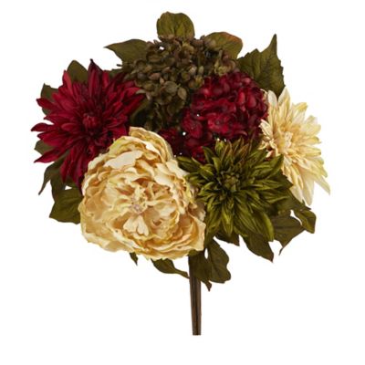 Nearly Natural 16 in. Artificial Autumn Colored Peony, Hydrangea and Dahlia Flower Bouquets, 2 pc.