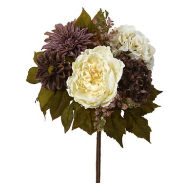 Nearly Natural 16 in. Peony, Hydrangea and Dahlia Artificial Flower Bouquets, 2-Pack