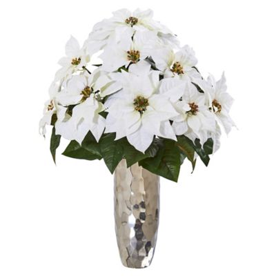 Nearly Natural 27 in. Artificial Poinsettia Arrangement in Silver Cylinder Vase