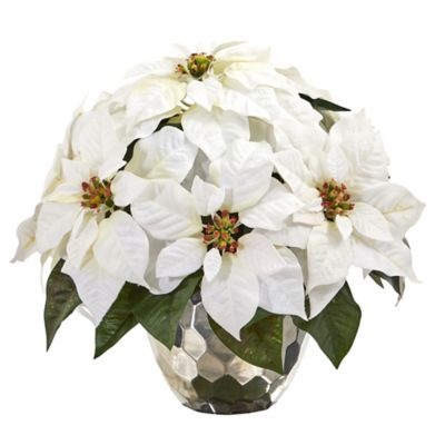 Nearly Natural 14 in. Poinsettia Artificial Arrangement in Designer Silver Bowl