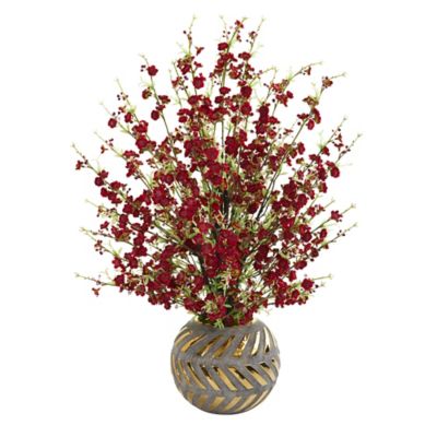 Nearly Natural 30 in. Artificial Cherry Blossom Arrangement in Stoneware Vase with Gold Trimming